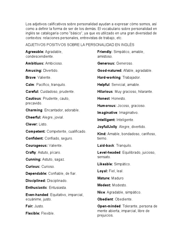 Los Adjetivos Calificativos Sobre Personalidad Ayudan a