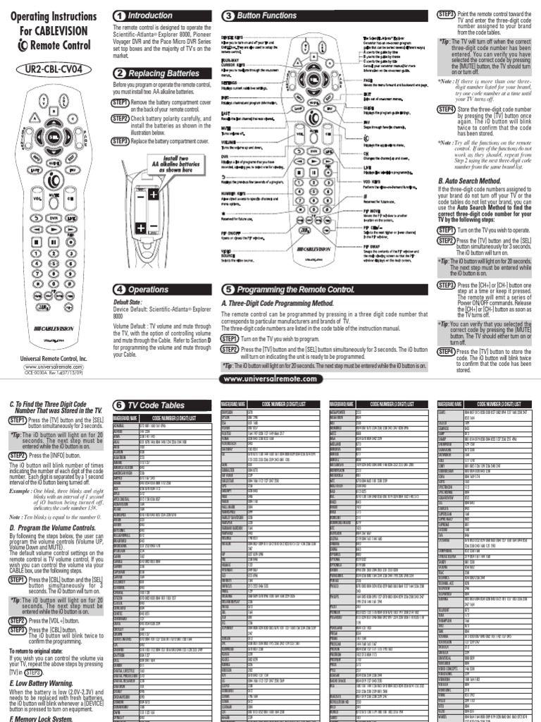 Operating Instructions For Cablevision Remote Control UR2CBLCV04