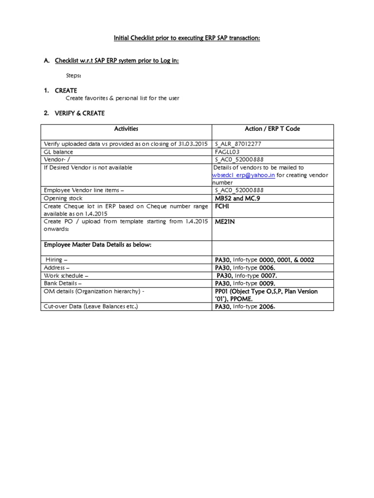 Initial Checklist SAPERP Golive Mod PDF Enterprise Resource