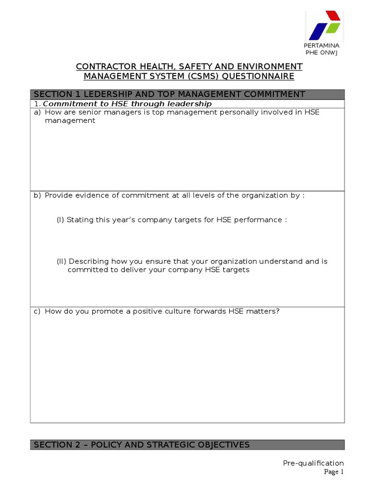 CSMS Questionnaire for HSE Management | PDF | Personal Protective ...