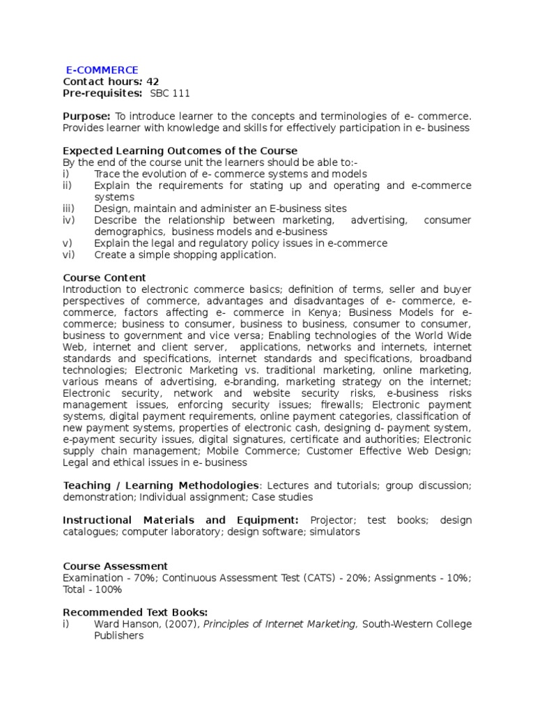 E-Commerce Course Overview and Syllabus | PDF | E Commerce | Electronic ...
