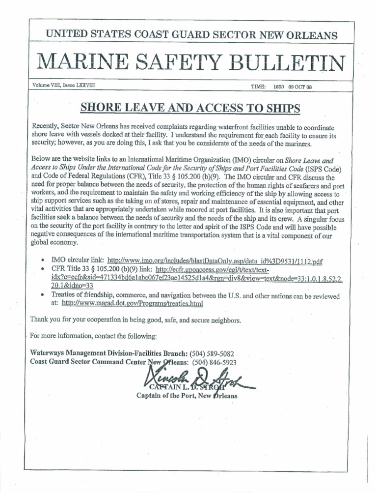 NOLA COTP Access To Shore Leave | PDF | Shipping | Law Of The Sea