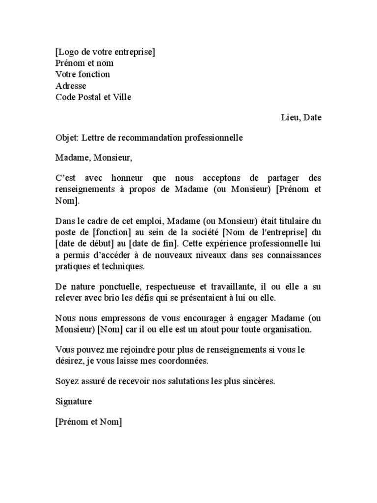 Lettre De Recommandation Professionnelle