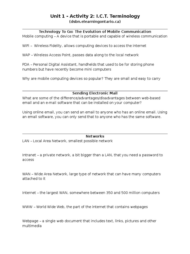 BTT U1a2 Ict Terminology Student Note | PDF | Computers