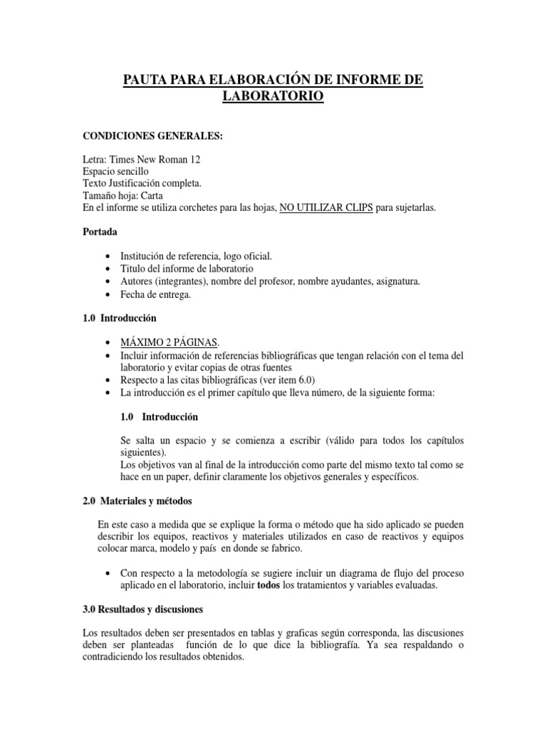 Pauta Para Elaboracion De Informe De Laboratorio Condiciones Generales Publicacion Laboratorios