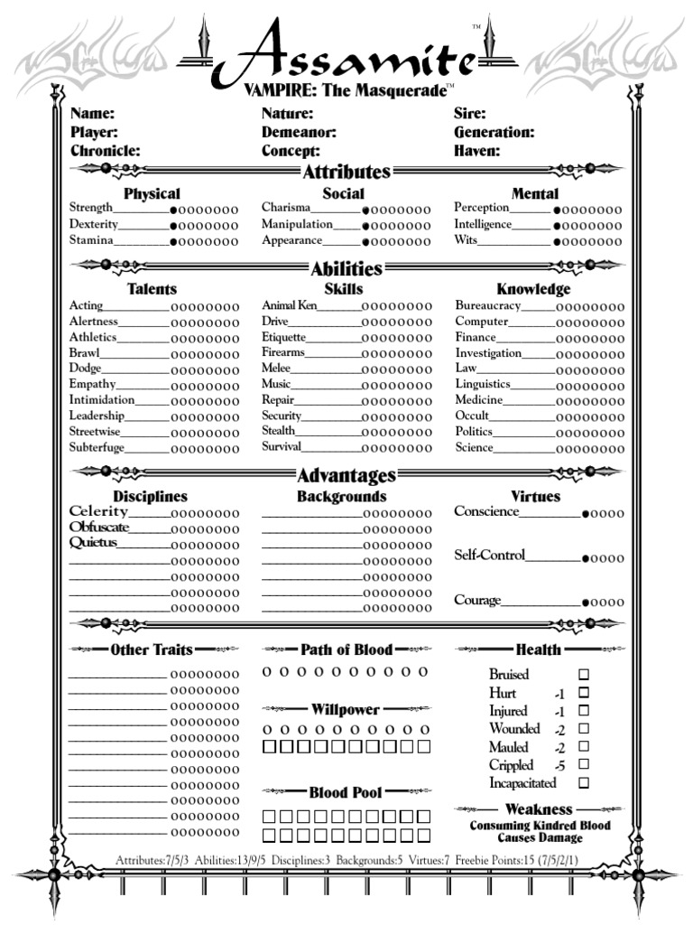 WOD - Vampire - The Masquerade - Character Sheet - Assamite