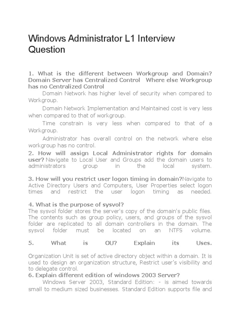 Windows Admin L1 Interview Questions Guide | PDF