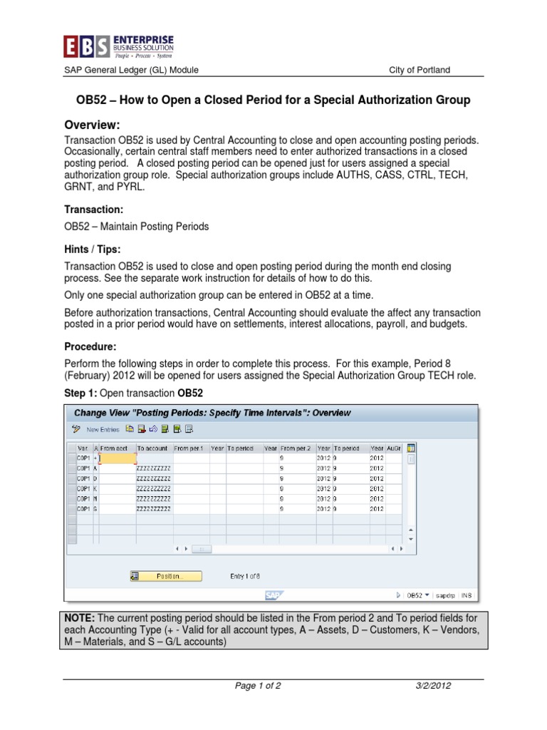 OB52 - How To Open A Closed Period For A Special Authorization Group ...