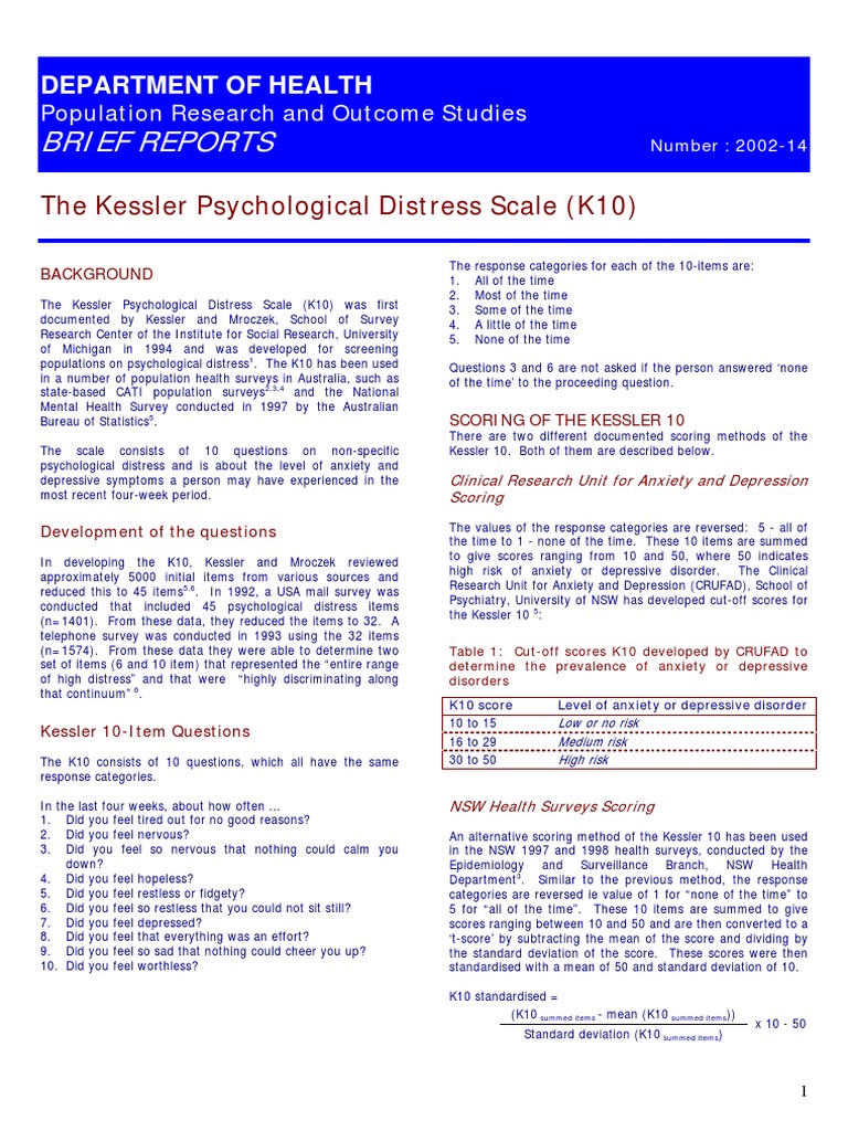 The Kessler Psychological Distress Scale K10 Major Depressive