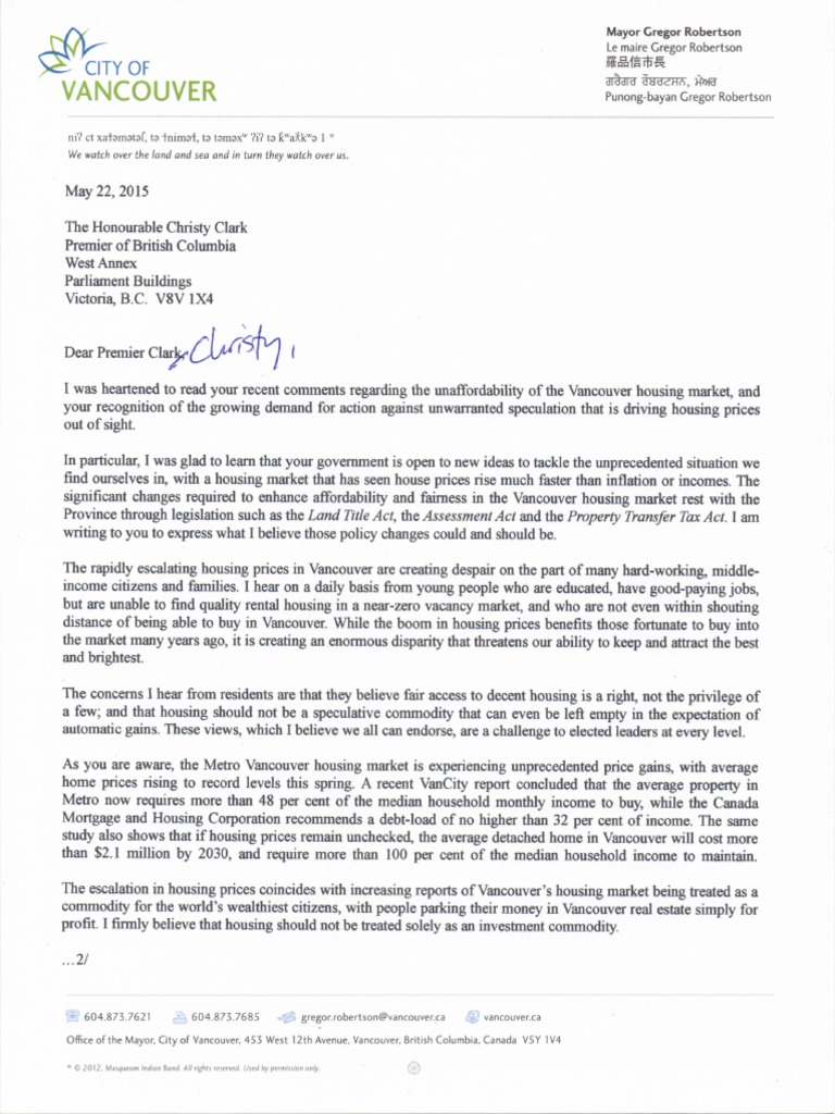 Vancouver Mayor's letter to BC Premier re; Housing Crisis