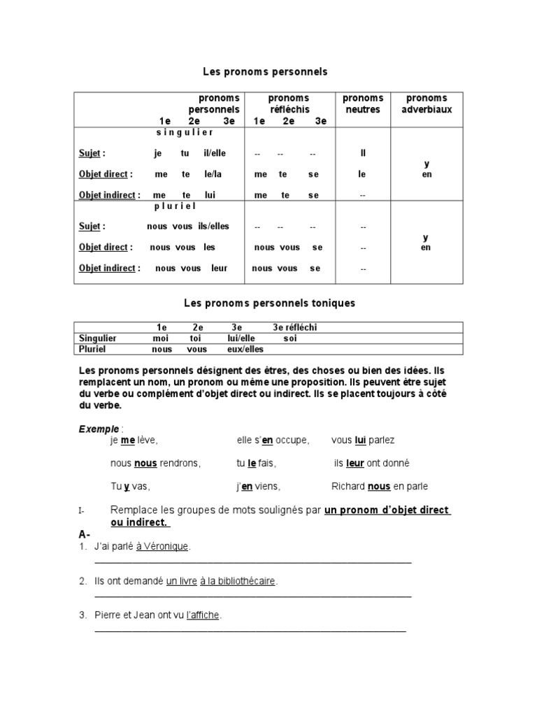 Exercices sur les pronoms personnels | PDF | Pronom | Nombre grammatical