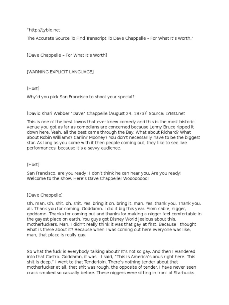 Dave Chappelle For What It's Worth Transcription PDF Fuck Juice