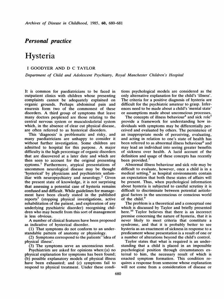 Hysteria Personal Practice PDF Psychiatry Hysteria