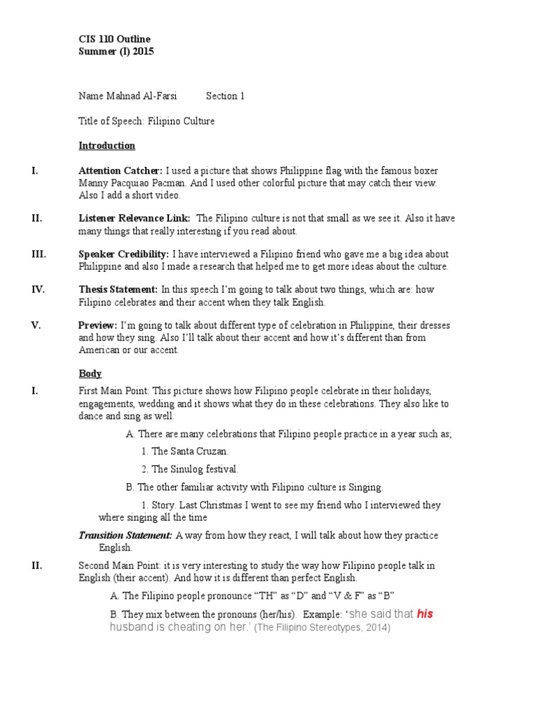Culture Speech Outline  PDF  Philippines  English Language Throughout Speech Outline Template Word
