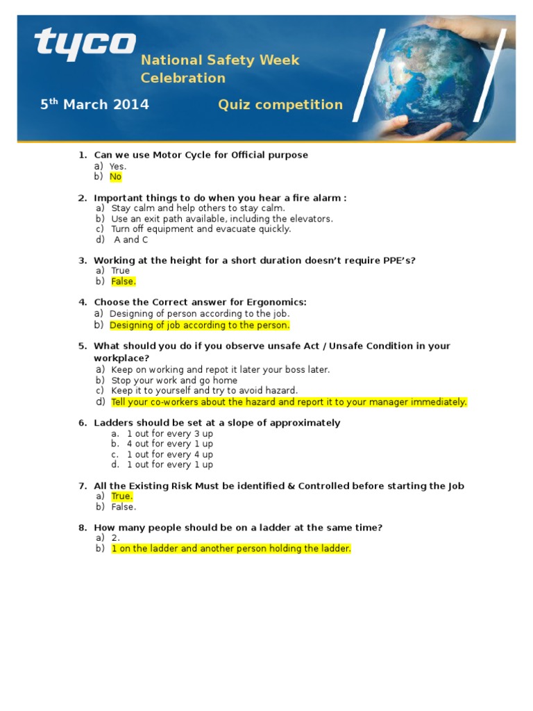 Quiz Questions Ehs Pdf Human Factors And Ergonomics Prevention