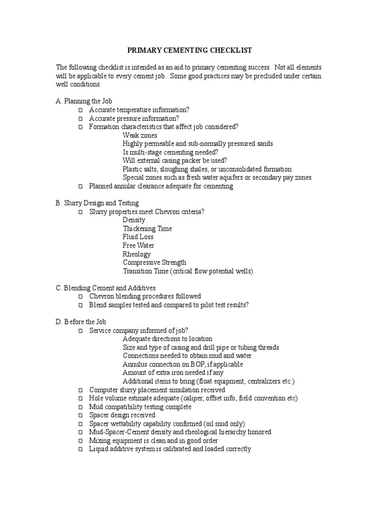 4c - Primary Cementing Checklist | PDF | Casing (Borehole) | Civil ...
