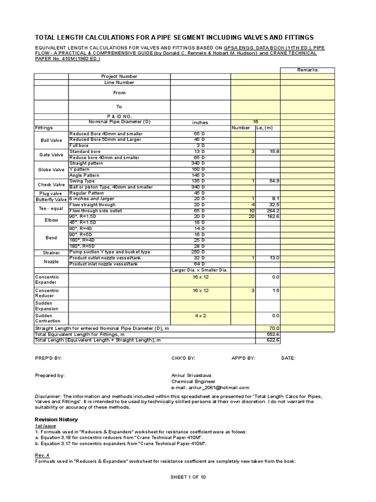 Equivalent Length Calculator RevA PDF Pipe (Fluid Conveyance) Valve