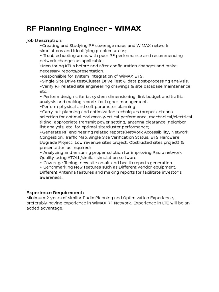 RF Planning and Optimization Engineer JOB Description PDF Wi Max