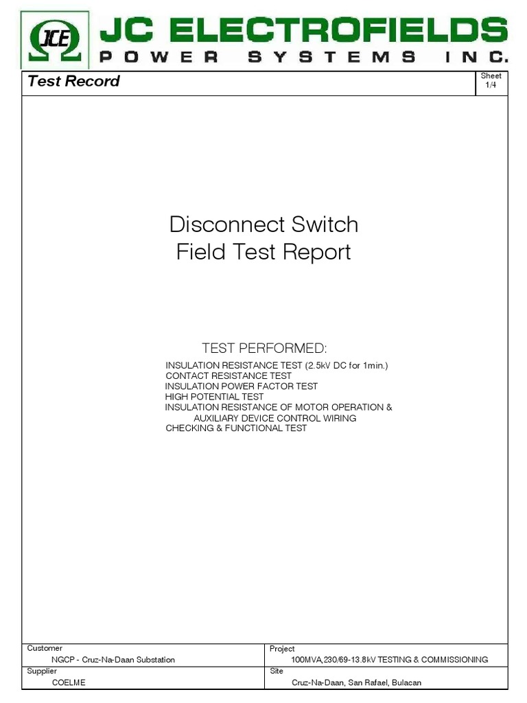 Disconnect Switch Test Report | PDF | Electrical Substation | Switch