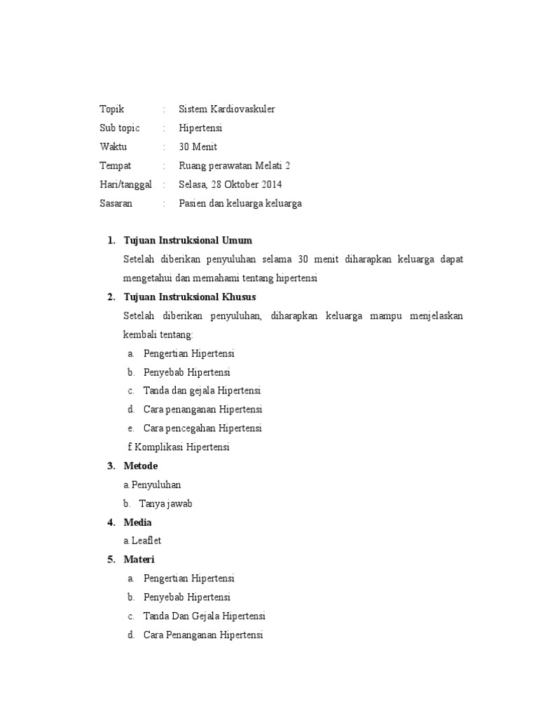 Satuan Program Penyuluhan  Sap  Hipertensi Perpaduan Sap 