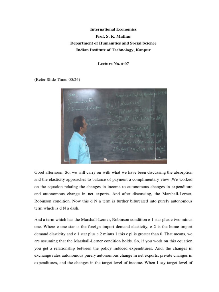 International Economics Prof. S. K. Mathur Department of Humanities and ...
