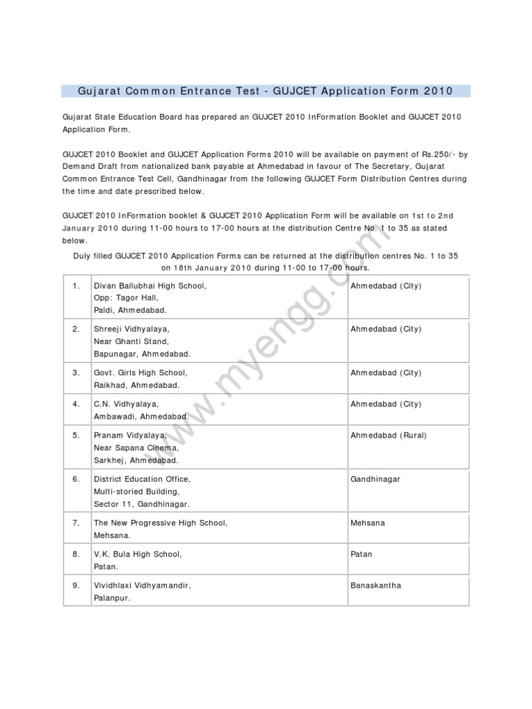 Gujarat Common Entrance Test - GUJCET Application Form 2010: 1st To 2nd ...