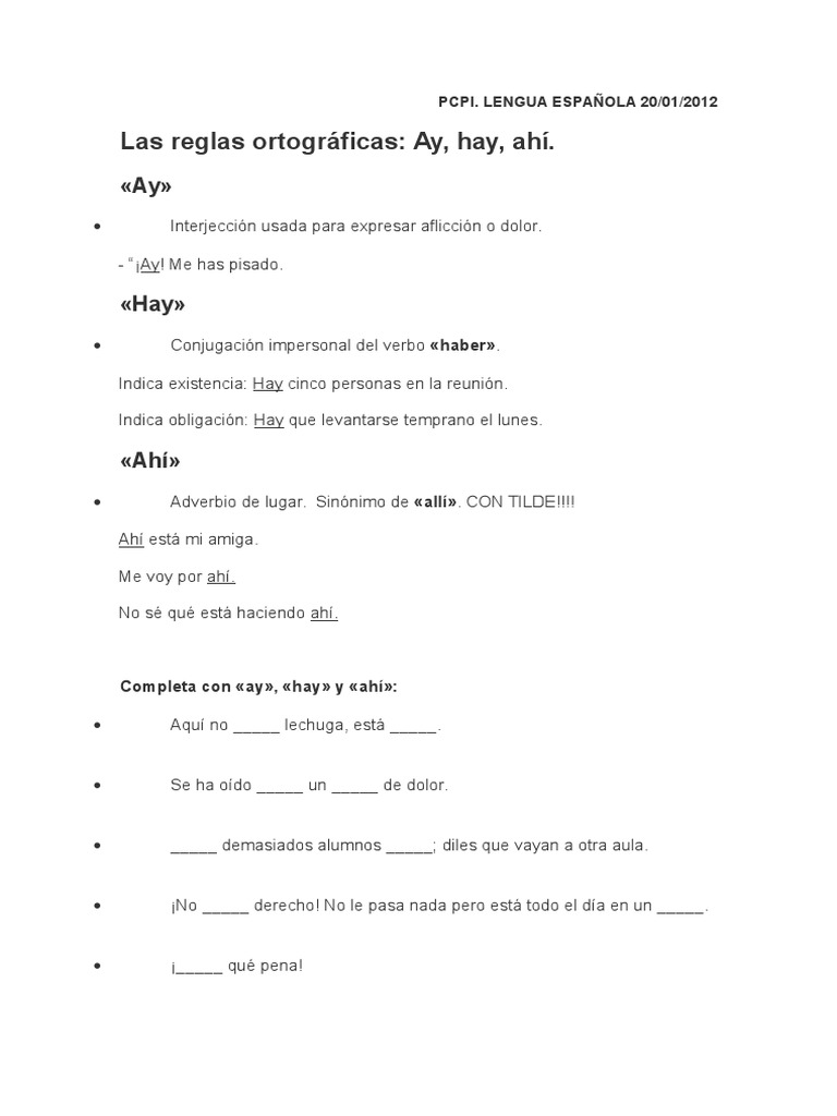 Reglas ortográficas: Ay, hay, ahí | PDF