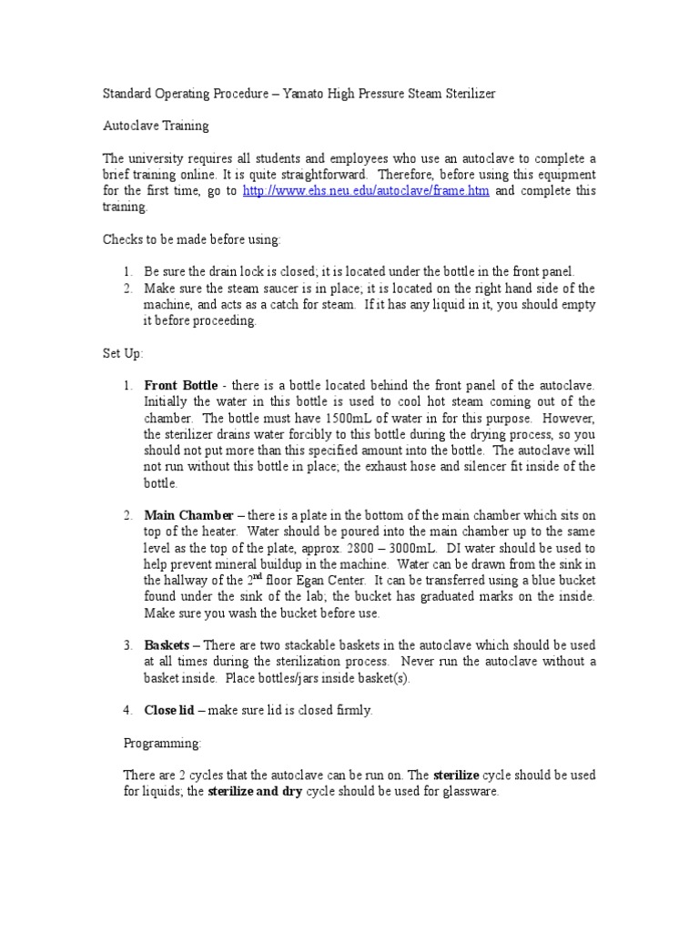 Standard Operating Procedure Autoclave PDF Sterilization (Microbiology) Steam