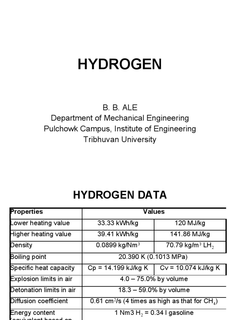 B. B. ALE Department of Mechanical Engineering PDF Hydrogen
