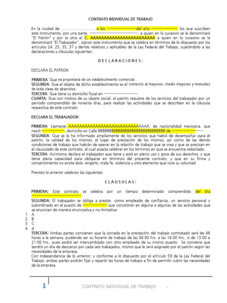 Contrato Individual de Trabajo de 3 Meses | PDF | Salario | México