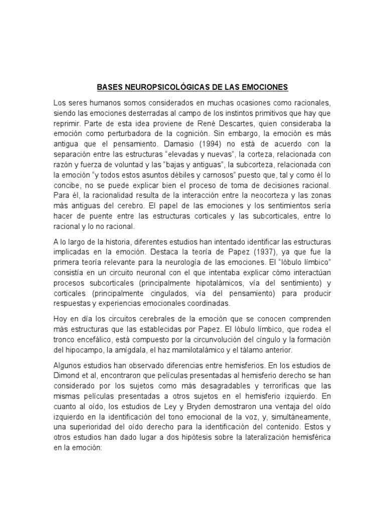 Bases Neuropsicológicas de Las Emociones | PDF | Las emociones ...