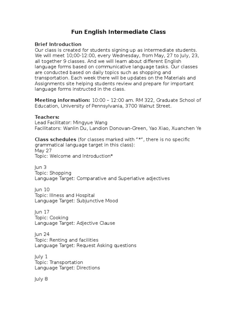 Fun English Intermediate Class: Brief Introduction | PDF