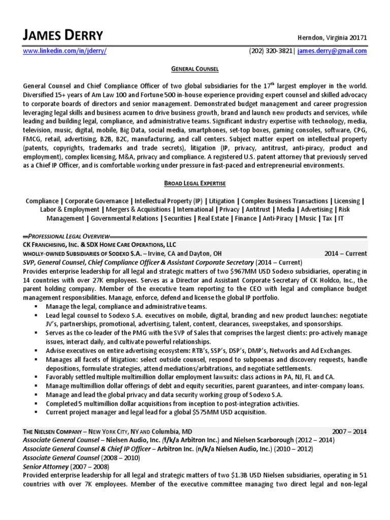 resume General Counsel Resume general counsel in california resume james derry intellectual property