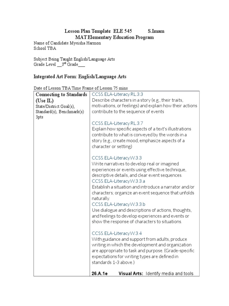 Lesson Plan Template ELE 545 S.Imam MAT Elementary Education Program