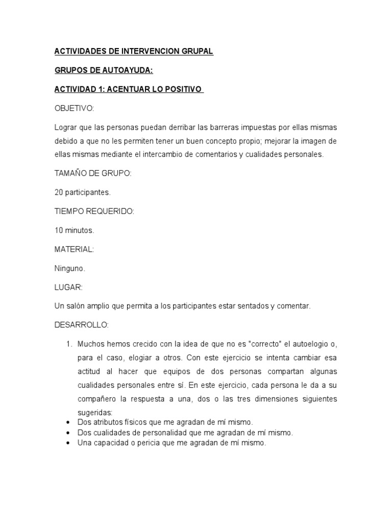 Actividades de Intervencion Grupal Autoayuda | PDF | Ejercicio físico ...