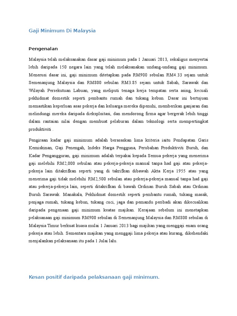 Dasar Gaji Minimum Di Malaysia Telah Diumumkan Oleh Dato Pdf