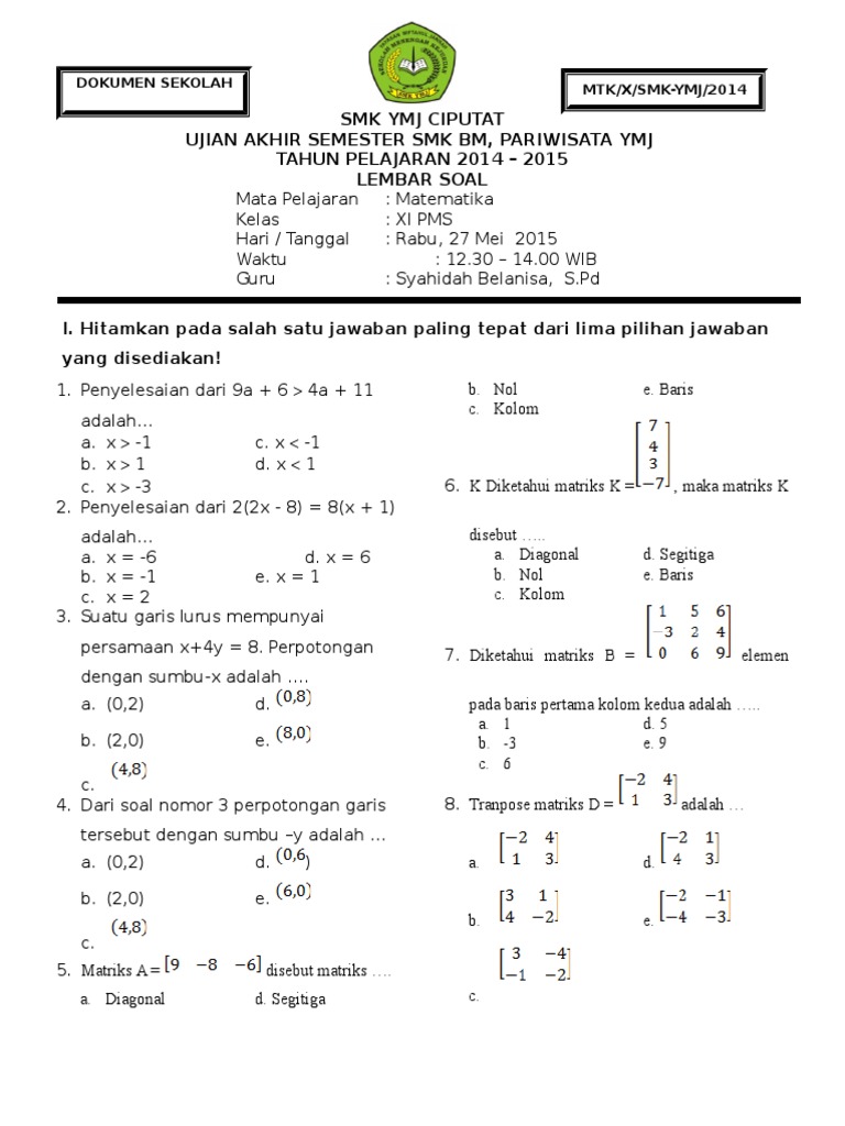 Soal Matriks Kelas 11