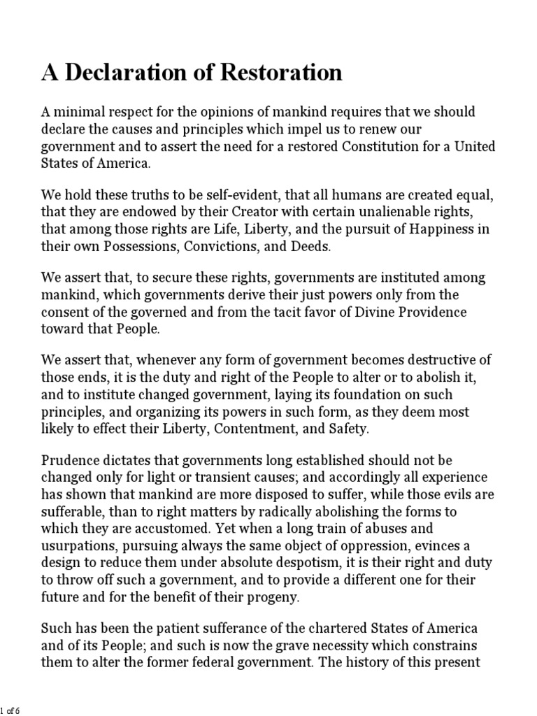 Declaration of Restoration Natural And Legal Rights Federal