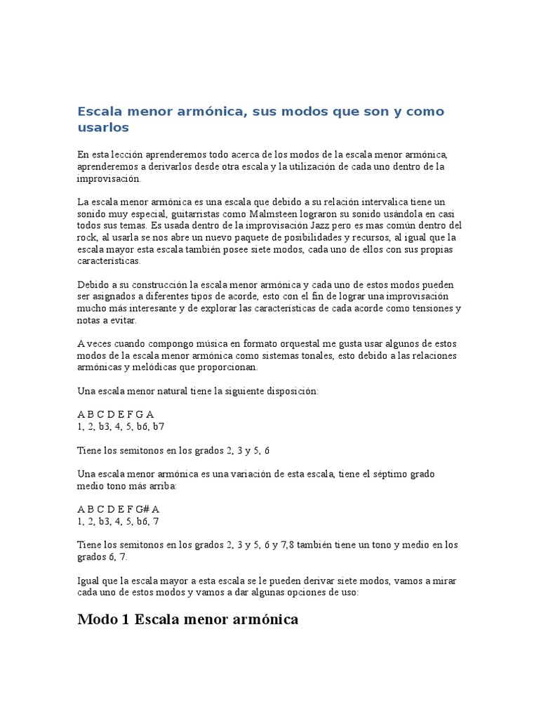 Modos de la Escala Menor Armónica | PDF | Escala (música) | Acorde (Música)