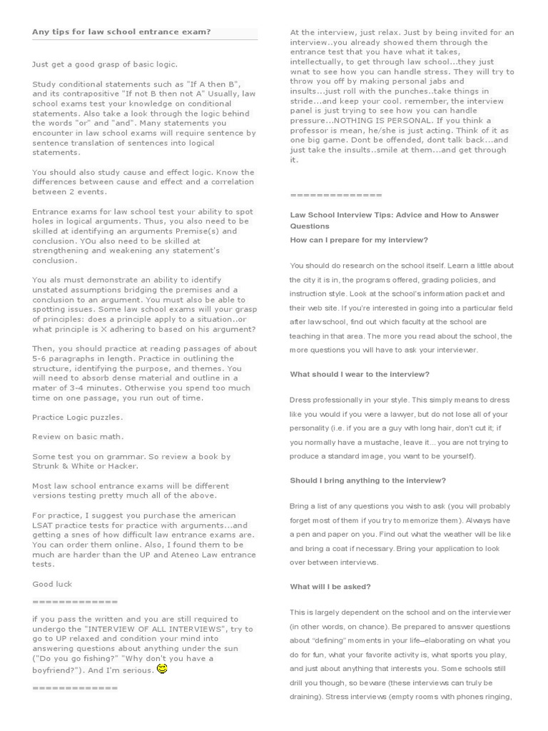 Any Tips For Law School Entrance Exam PDF Law School Admission Test