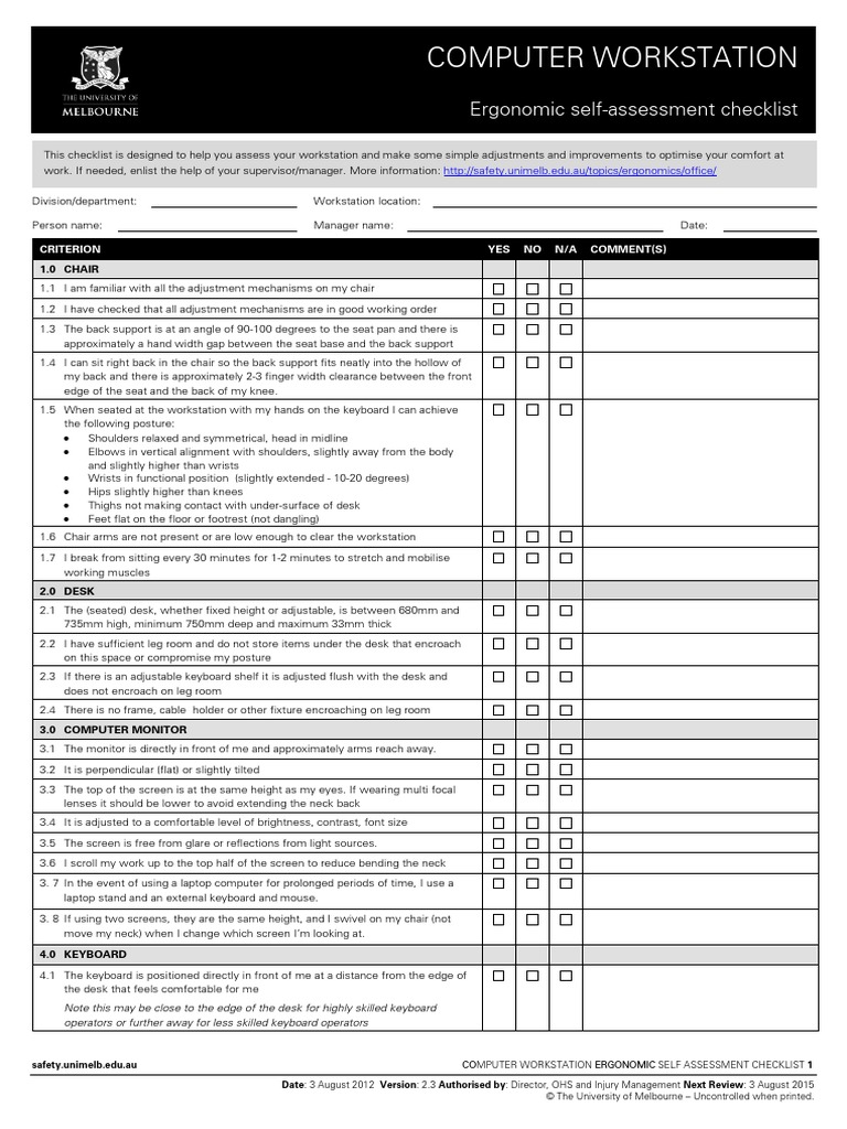 Computer Workstation Ergonomic Self Assessment | PDF