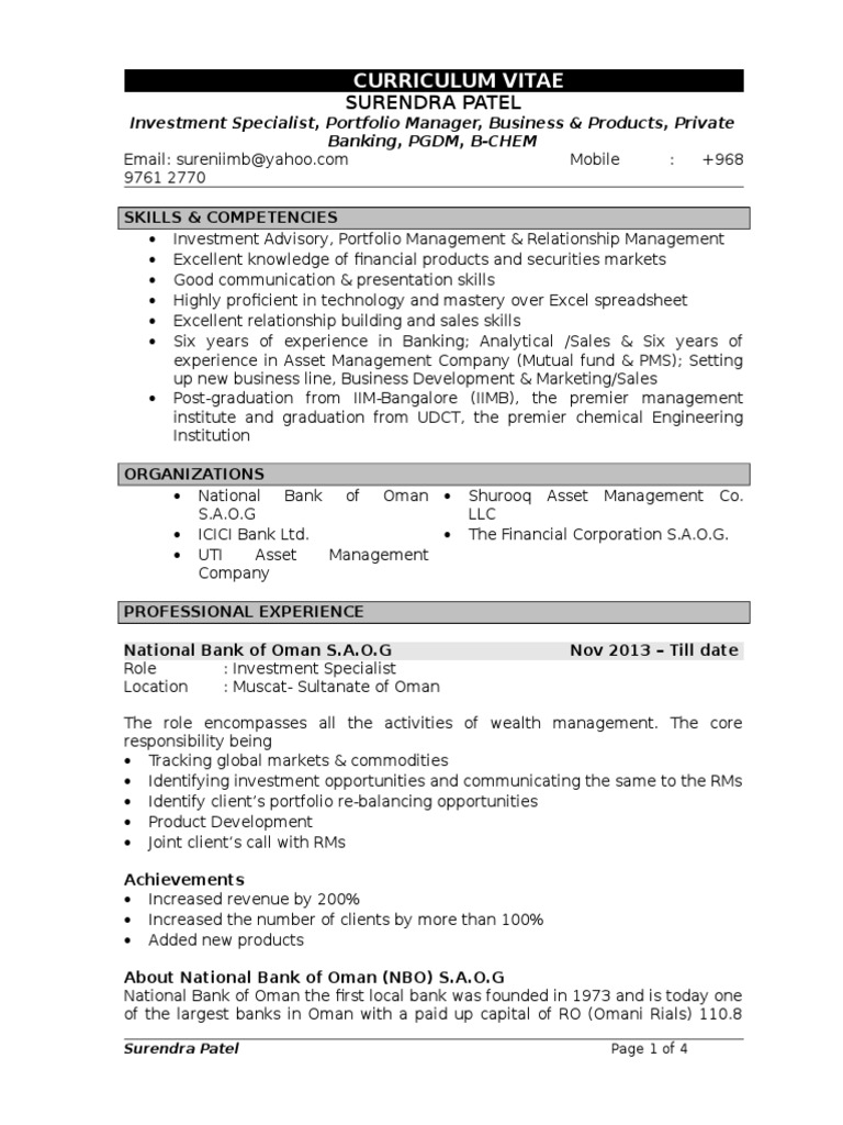 Resume Investment Management Master Of Business Administration