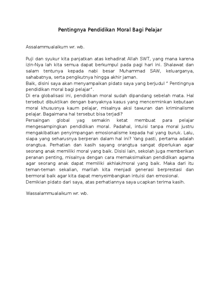 Pidato Pentingnya Pendidikan Moral Bagi Pelajar