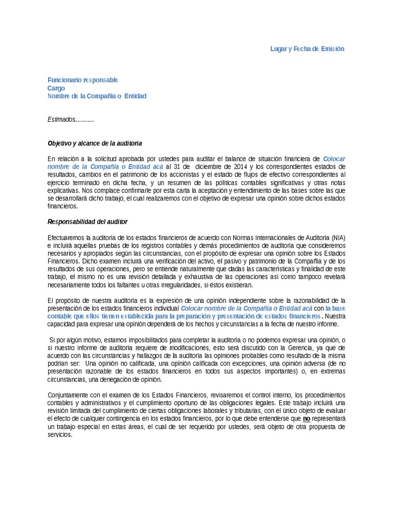 Modelo de Carta de Compromiso (NIA 210)