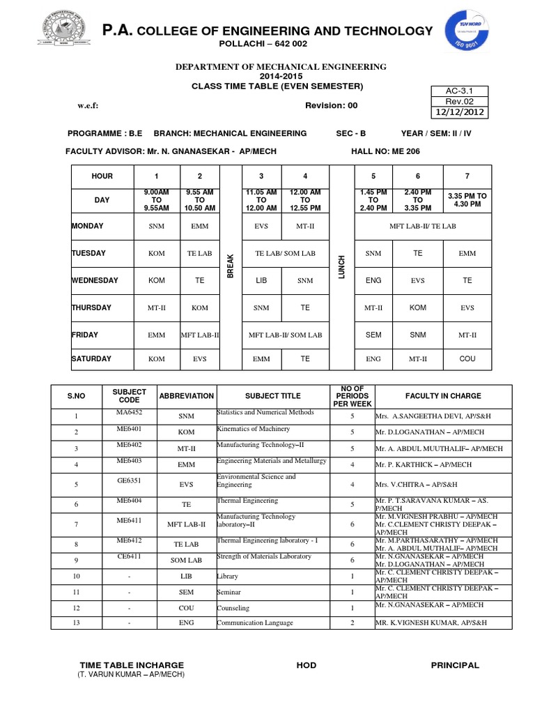 Mechanical Engineering Class Schedule | PDF | Technology & Engineering
