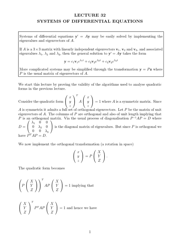 Systems of Differential Equations | PDF | Eigenvalues And Eigenvectors ...