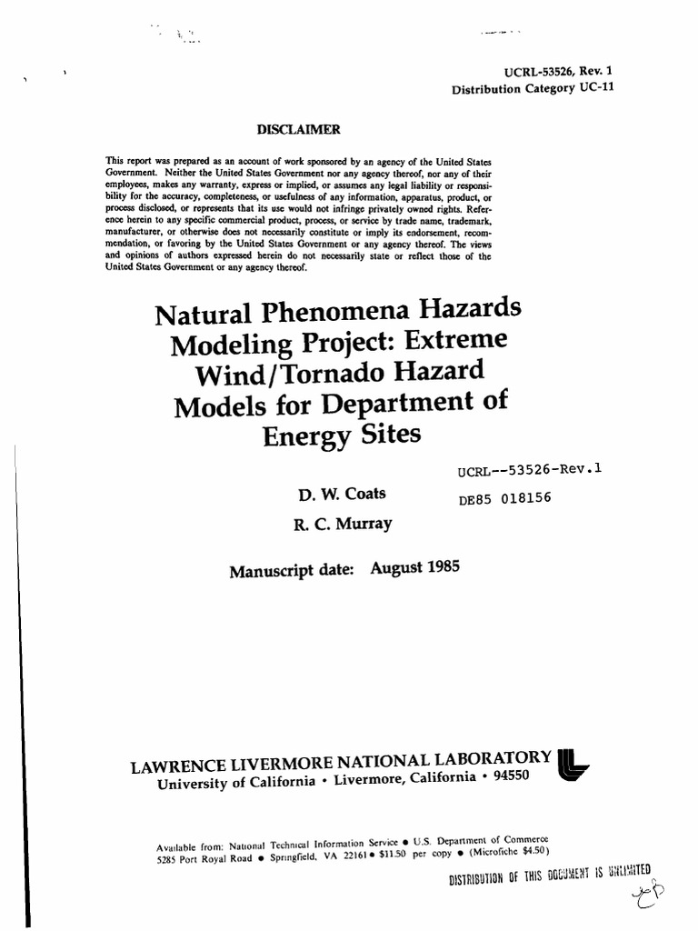 Natural Phenomena Hazards Modeling Project Extreme Wind/Tornado Hazard