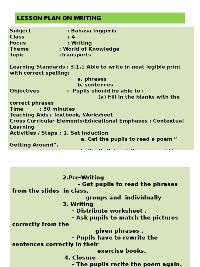 LESSON PLAN ON WRITING KSSR Year 4 Transport | PDF