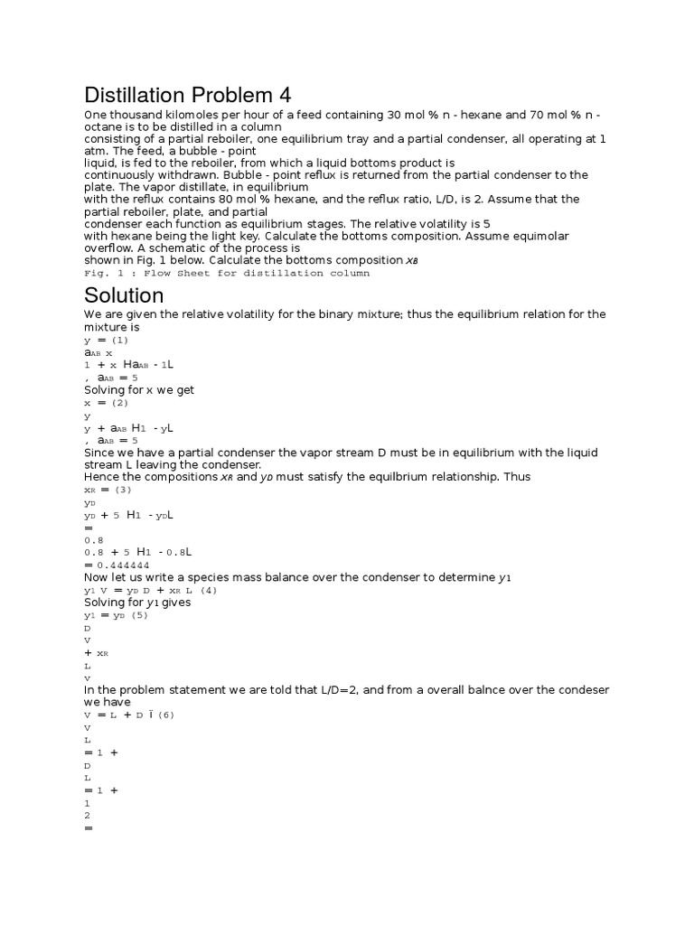 Distillation Problem 4 Fig 1 Flow Sheet For Distillation Column