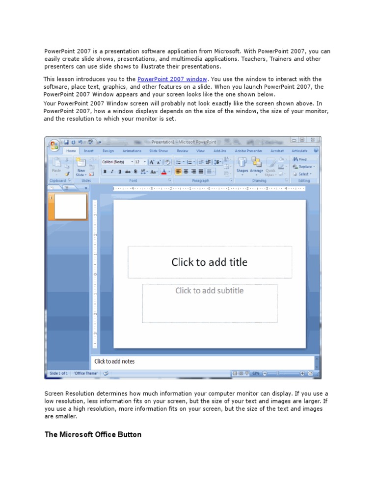 PowerPoint 2007 Beginner's Guide | PDF | Microsoft Power Point | Window